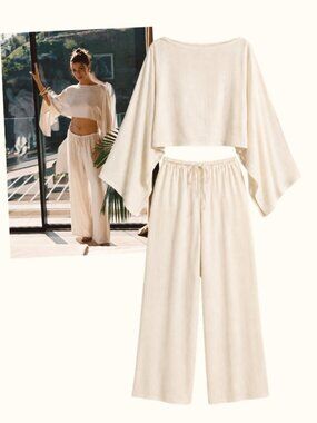 12th Tribe Cream Two-Piece Wide-Leg Pants & Crop Top Set